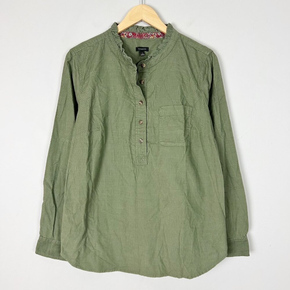 Talbots Olive Green Corduroy Popover Top Long Sleeve Casual Size Large Women's